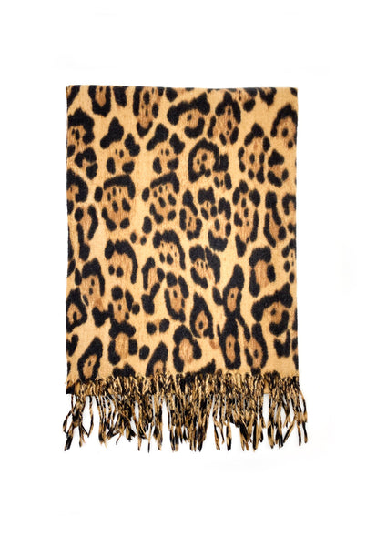 Luxury Warm Leopard Wool Mix Scarf with Tassels In Camel