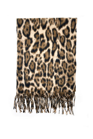 Luxury Warm Leopard Wool Mix Scarf with Tassels In Beige