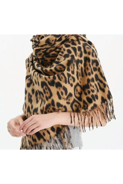 Luxury Warm Leopard Wool Mix Scarf with Tassels In Camel