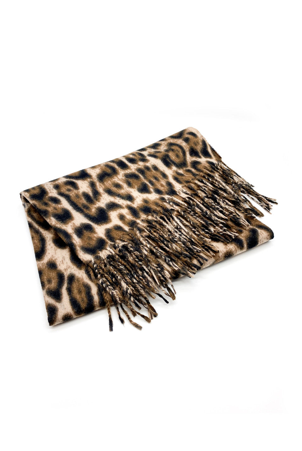 Luxury Warm Leopard Wool Mix Scarf with Tassels In Beige