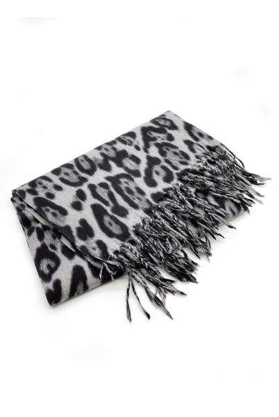 Luxury Warm Leopard Wool Mix Scarf with Tassels In Grey