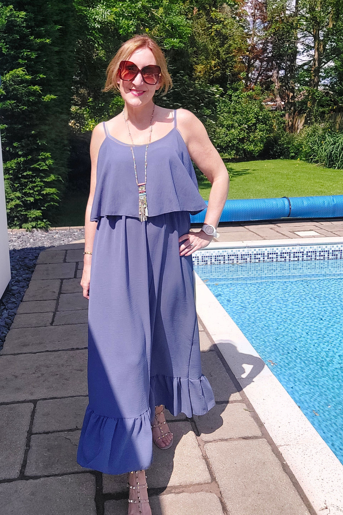 Demi Double Layer Cami Maxi Dress In Denim Blue