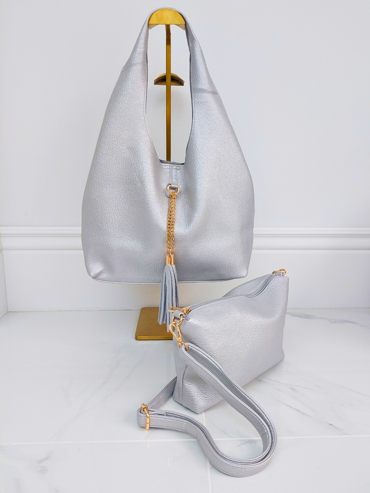 Leather Look Tote Bag Set In Silver