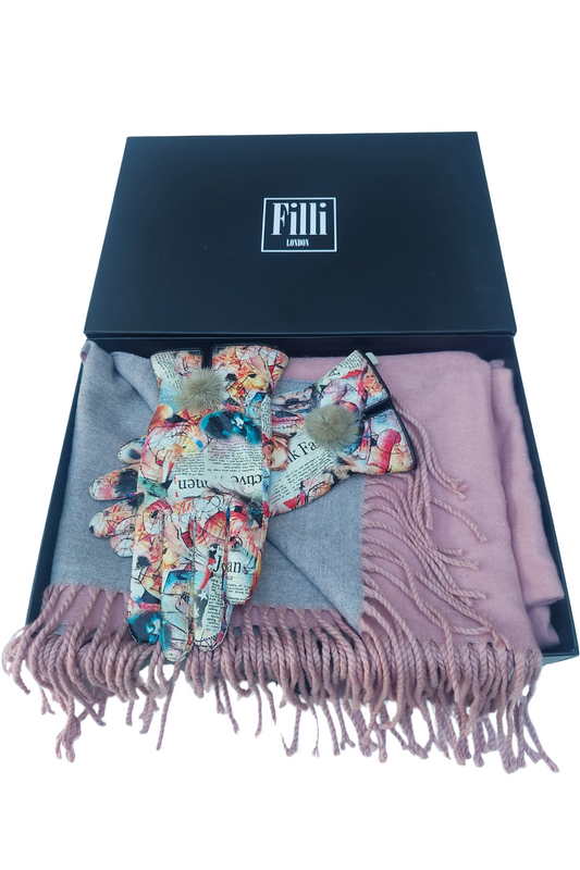 Luxury Leather Printed Gloves And Wool Scarf Gift Set In Pink