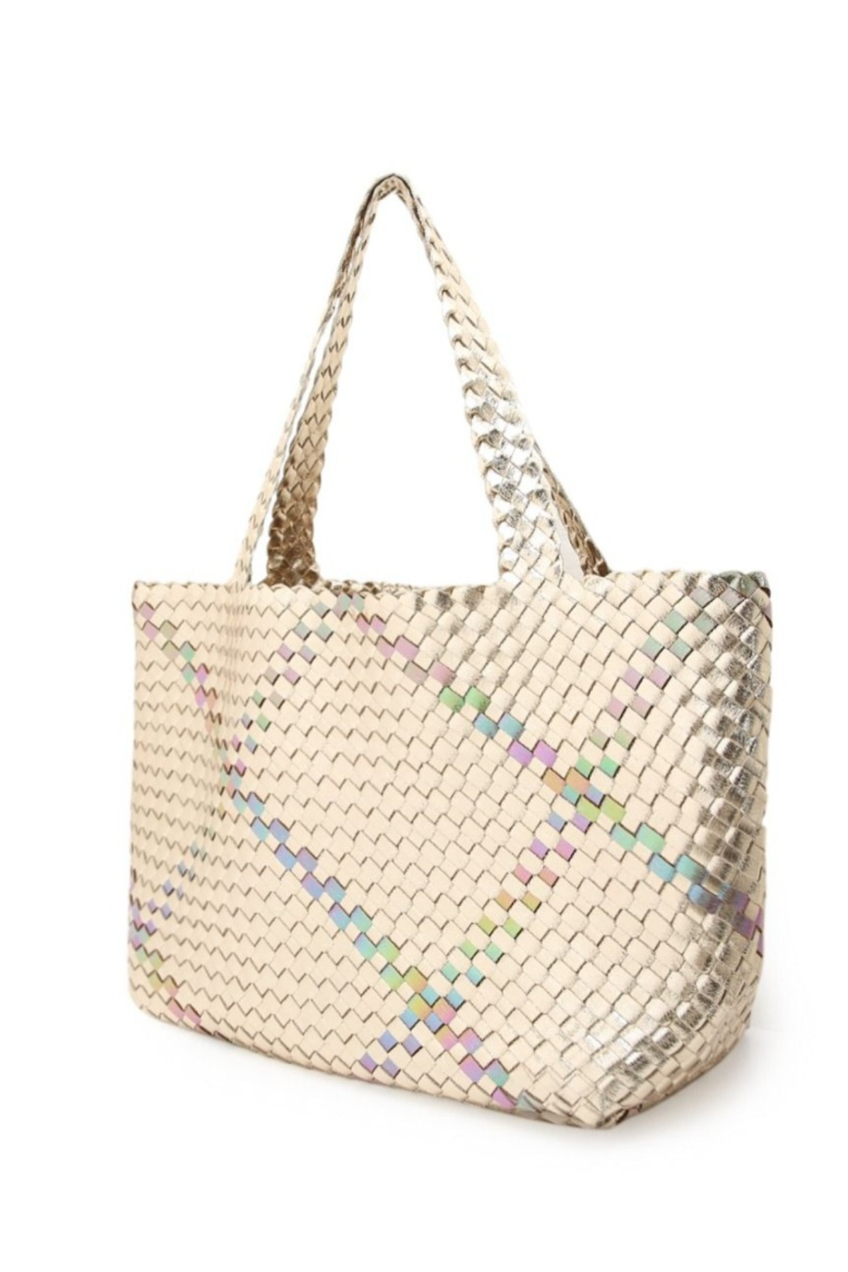 Large Woven Tote Bag With Pouch In Gold