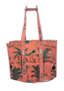 Reversible Quilted Cotton Jungle Print Tote/Beach Bag In Pink