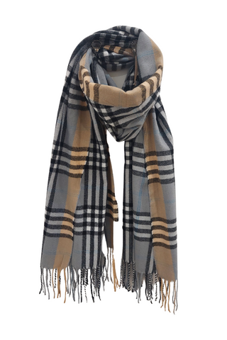 Large Checked Soft Touch Tassel Scarf In Grey - Filli London