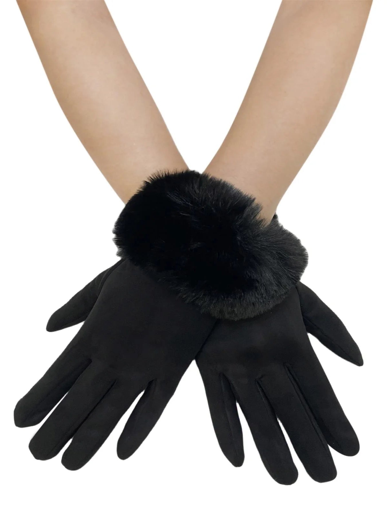 Best Seller⭐Fur Trim Faux Suede Touch Screen Gloves In Black