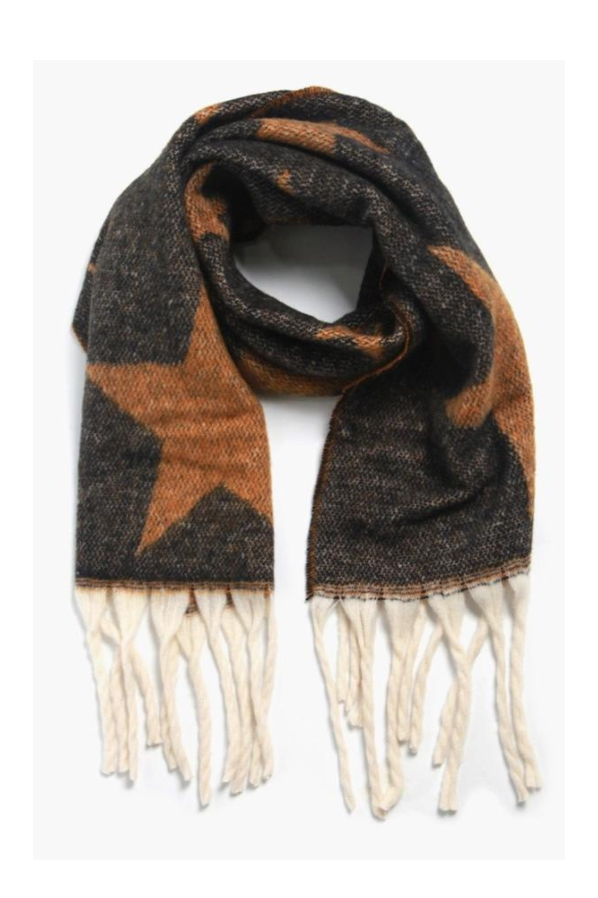 Reversible Star Print Chunky Knit Scarf With Tassels