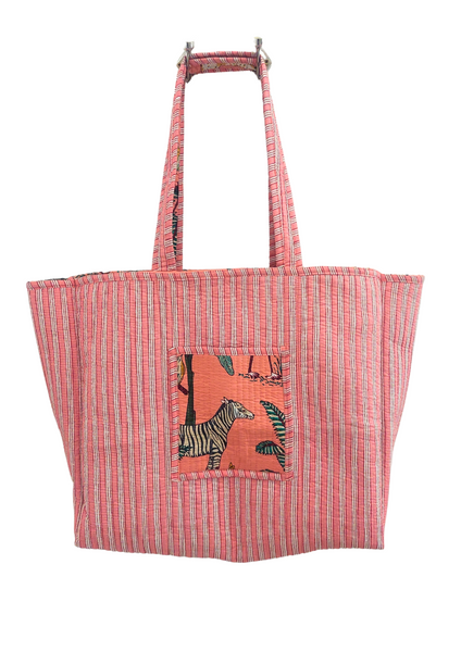 Reversible Quilted Cotton Jungle Print Tote/Beach Bag In Pink