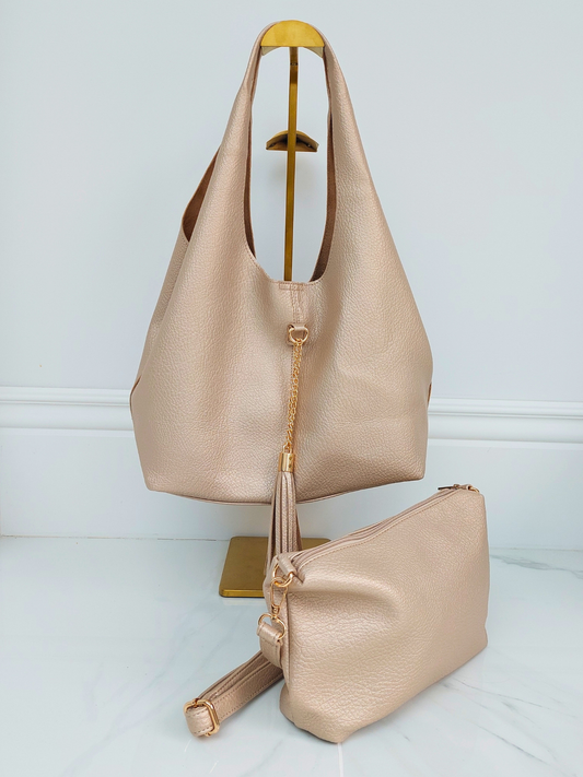 Leather Look Tote Bag Set In Gold