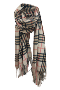 Large Checked Soft Touch Tassel Scarf In Beige - Filli London
