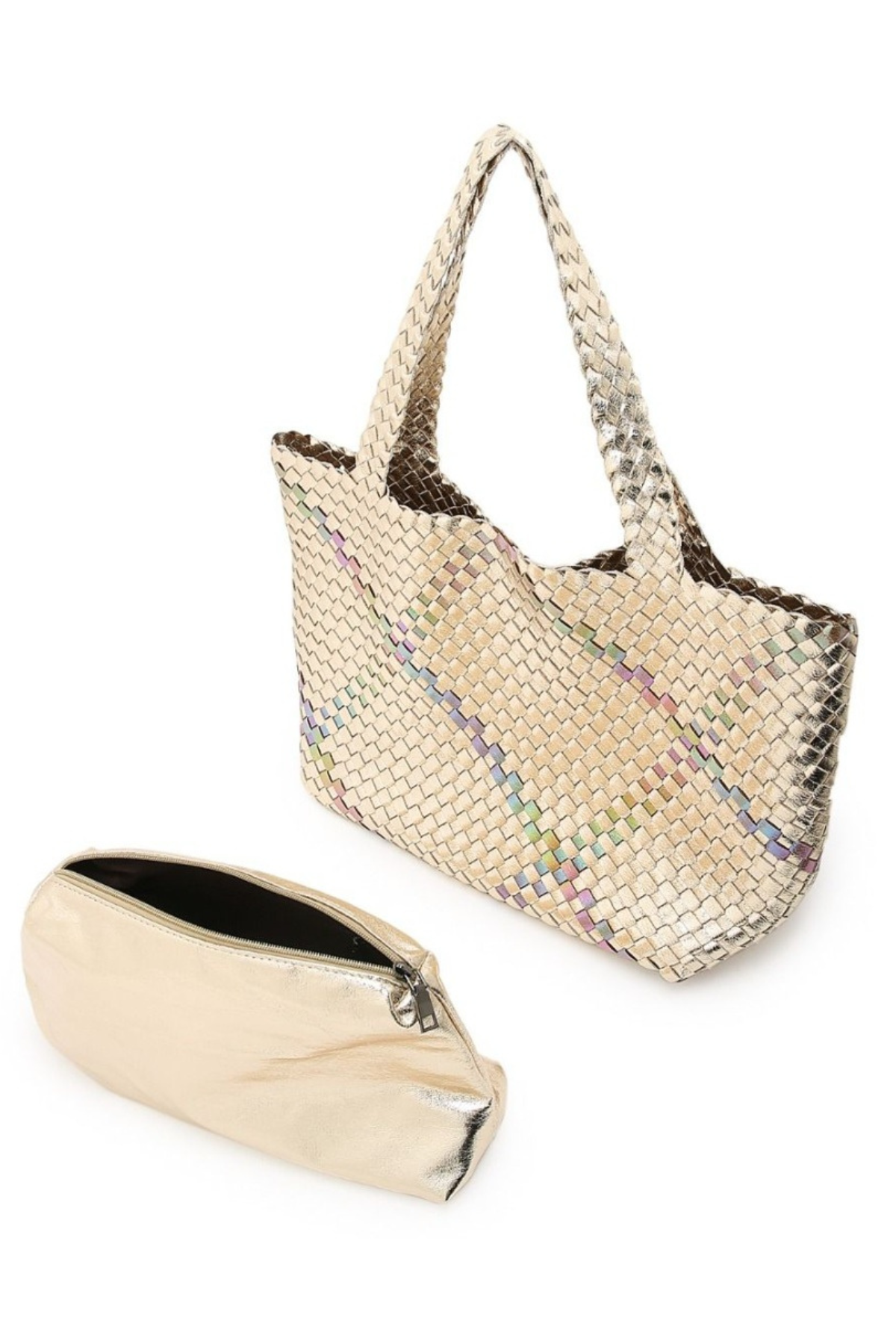 Large Woven Tote Bag With Pouch In Gold