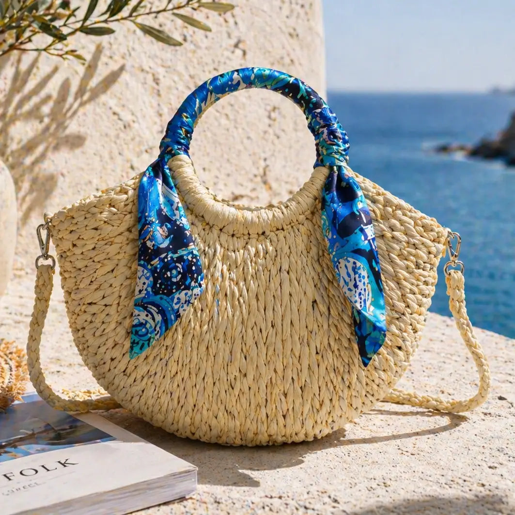 NEW ✨ Scarf Handle Straw Grab Bag With Strap in Beige/Blue - Filli London