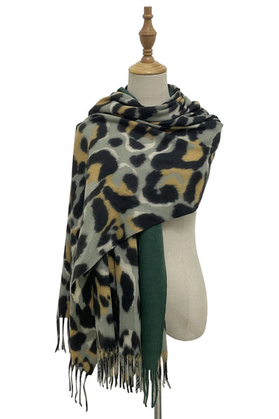 Plain and Leopard Print Soft Wool Tassel Scarf In Green