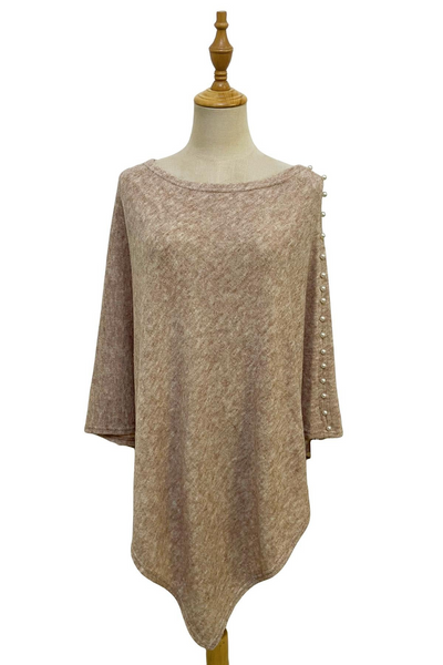 Wool Knit Poncho With Pearl Detail In Beige