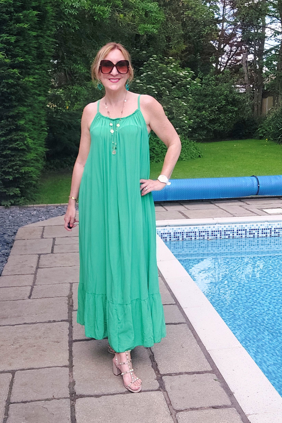 Camille Cami Strap Tiered Maxi Dress In Jade Green