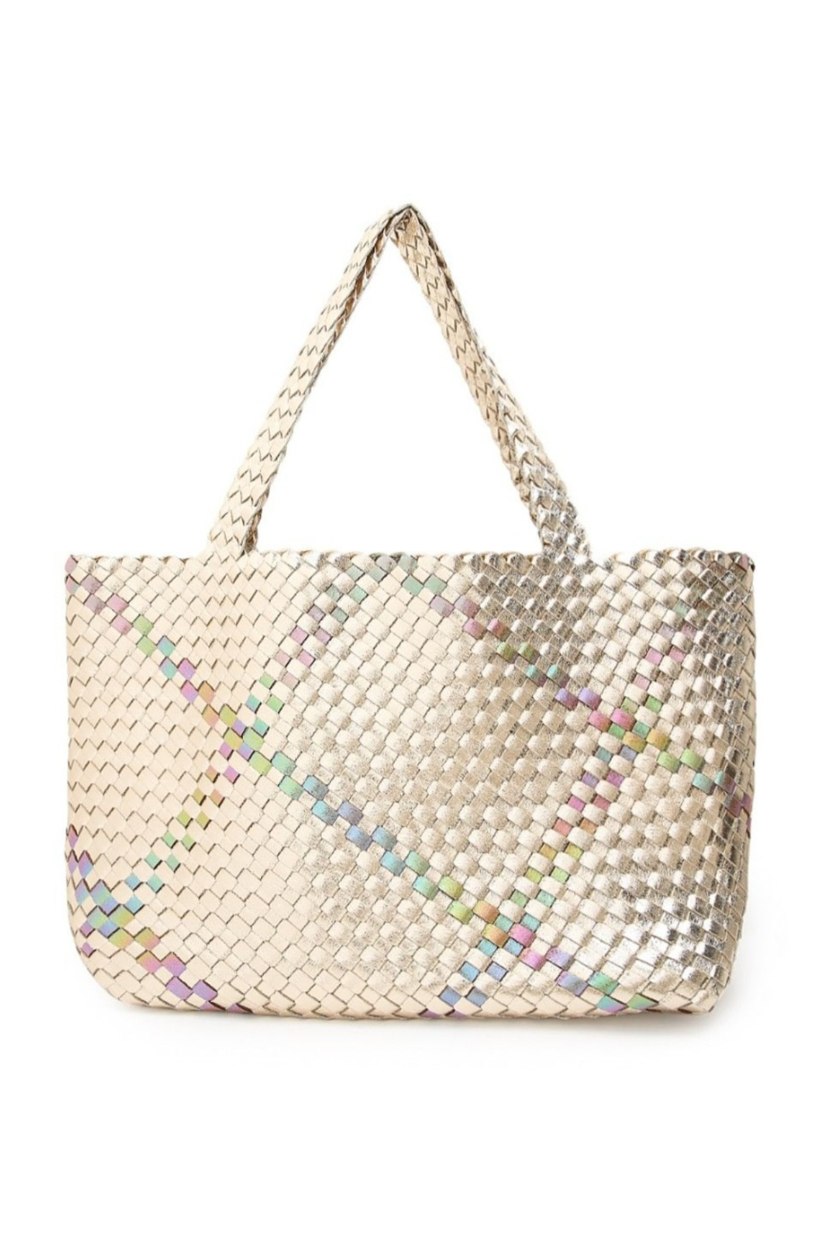 Large Woven Tote Bag With Pouch In Gold