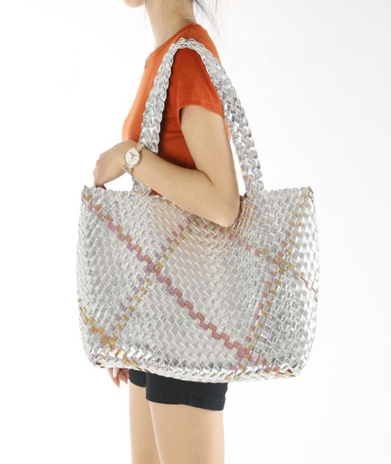 NEW ✨Luna Metallic Woven Tote Set In Silver