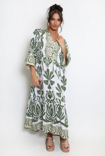 Botanical Print Maxi Dress In Green