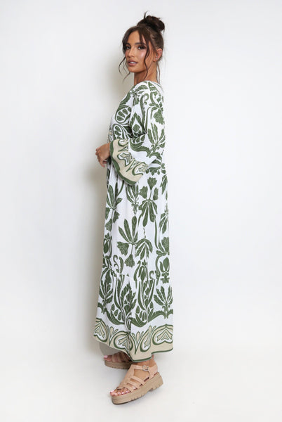 Botanical Print Maxi Dress In Green