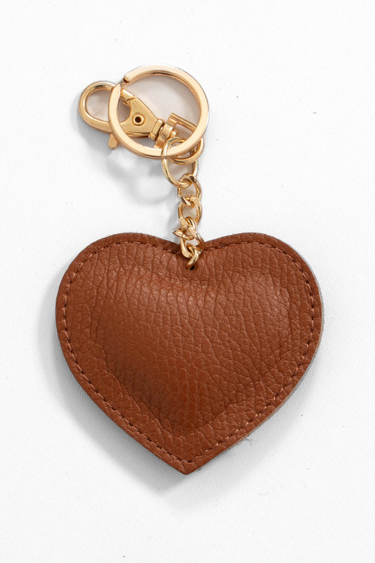 Pebbled Leather Heart Keyring in Tan