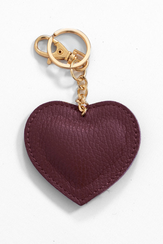 Pebbled Leather Heart Keyring/Bag Charm in Wine - Filli London