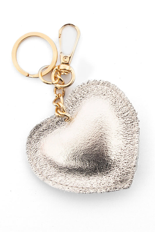Leather Heart Keyring in Silver Metallic