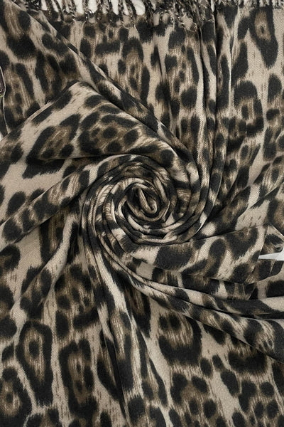 Luxury Warm Leopard Wool Scarf with Tassels In Beige