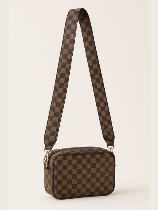 Brown Check Crossbody Bag Set With 2 Straps