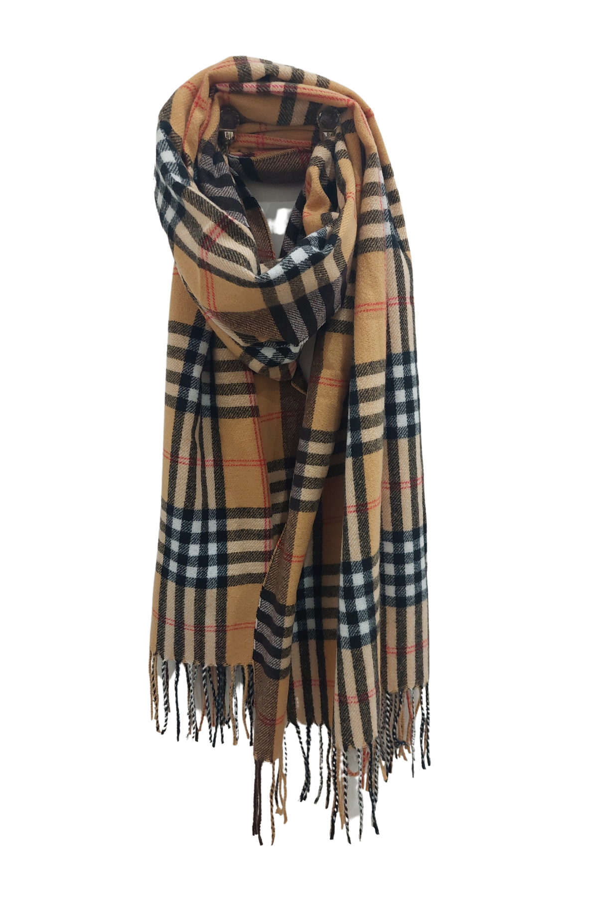 Large Checked Soft Touch Tassel Scarf In Camel - Filli London