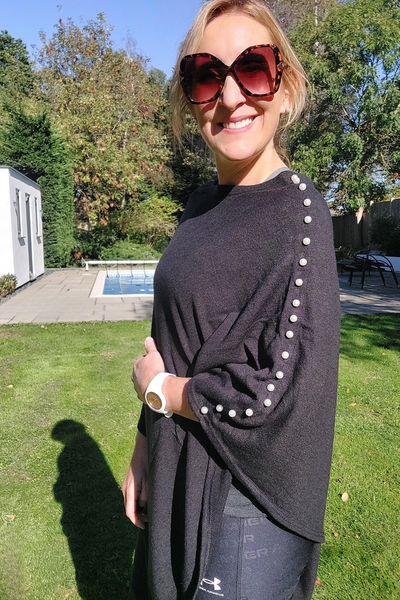Wool Knit Poncho With Pearl Detail In Black