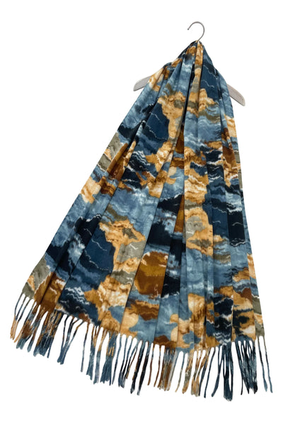 Soft Warm Blanket Scarf In Blue Abstract Camouflage