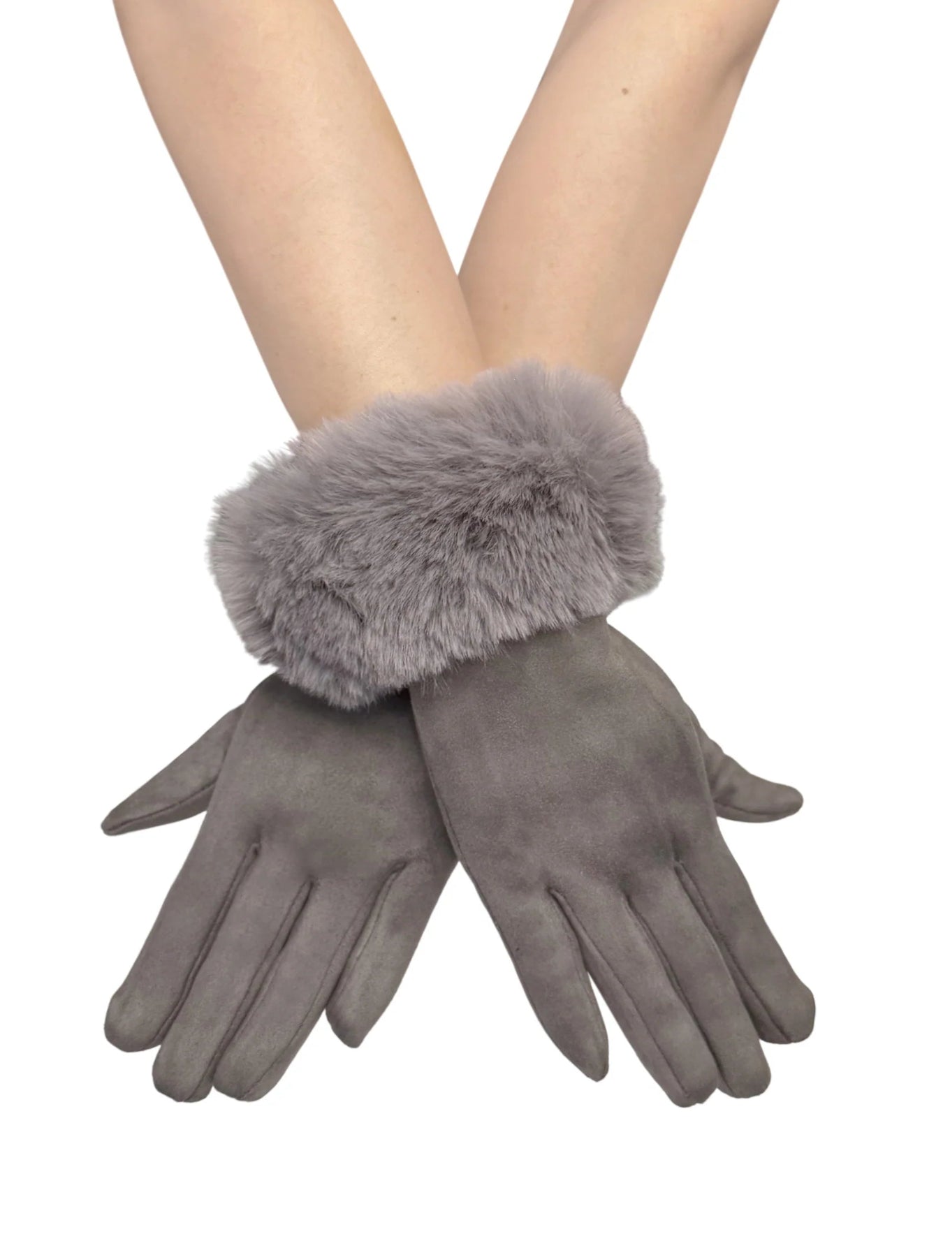 Fur Trim Faux Suede Touch Screen Gloves In Grey