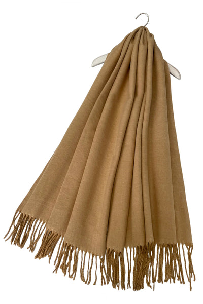 Warm Reversible Plain Tassel Blanket Scarf In Tan