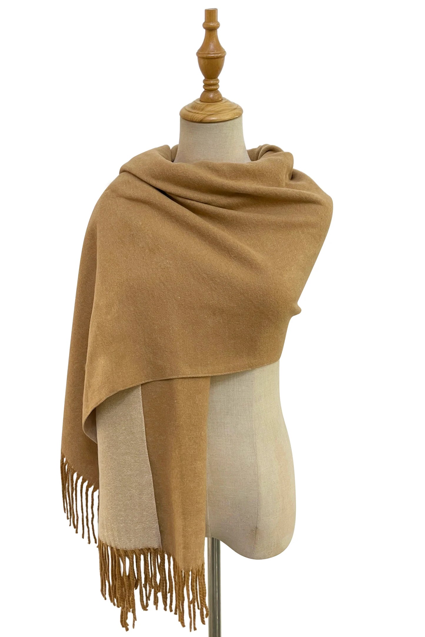 Warm Reversible Plain Tassel Blanket Scarf In Tan