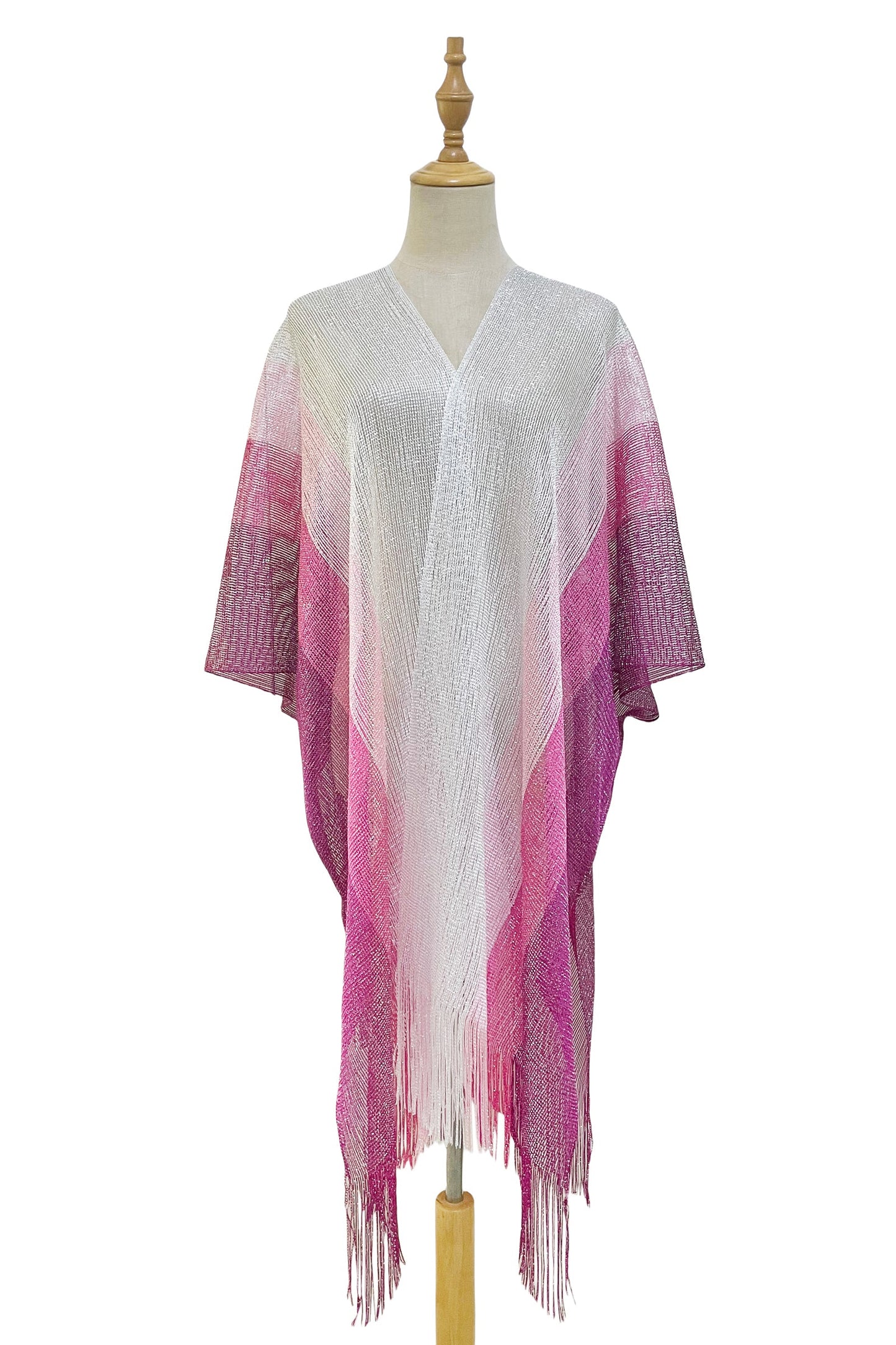 Shimmering Metallic Tassel Kimono/Cover Up In Pink