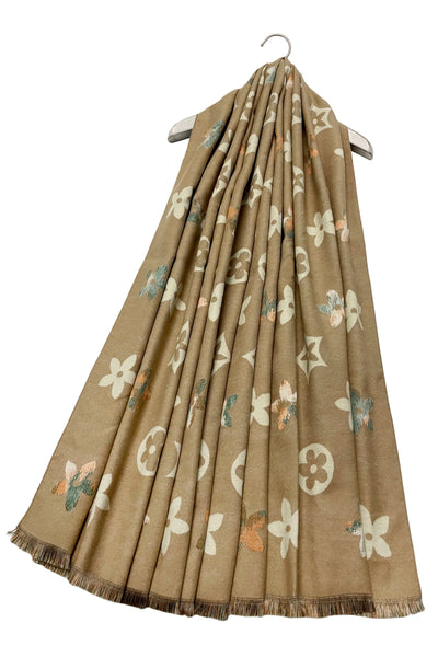 Reversible Floral Print Scarf In Beige