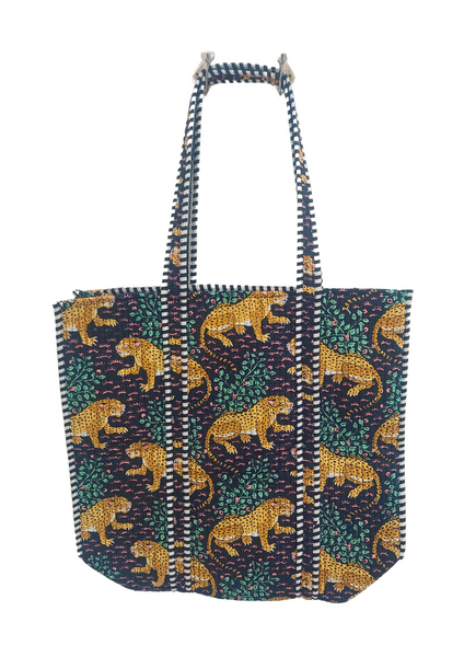 Reversible Quilted Cotton Leopard Print Tote/Beach Bag In Black