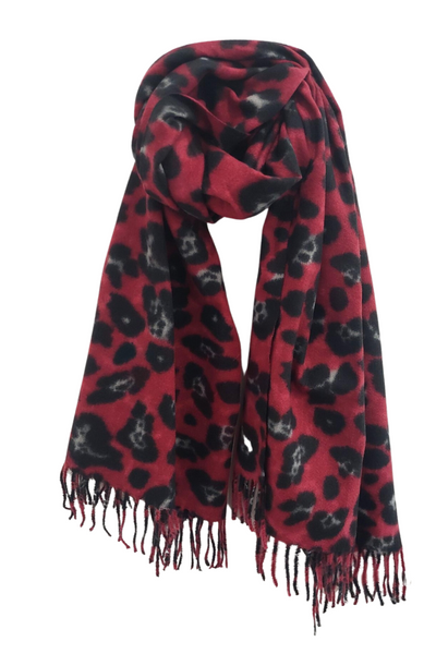 Warm Leopard Wool Scarf with Tassels In Magenta