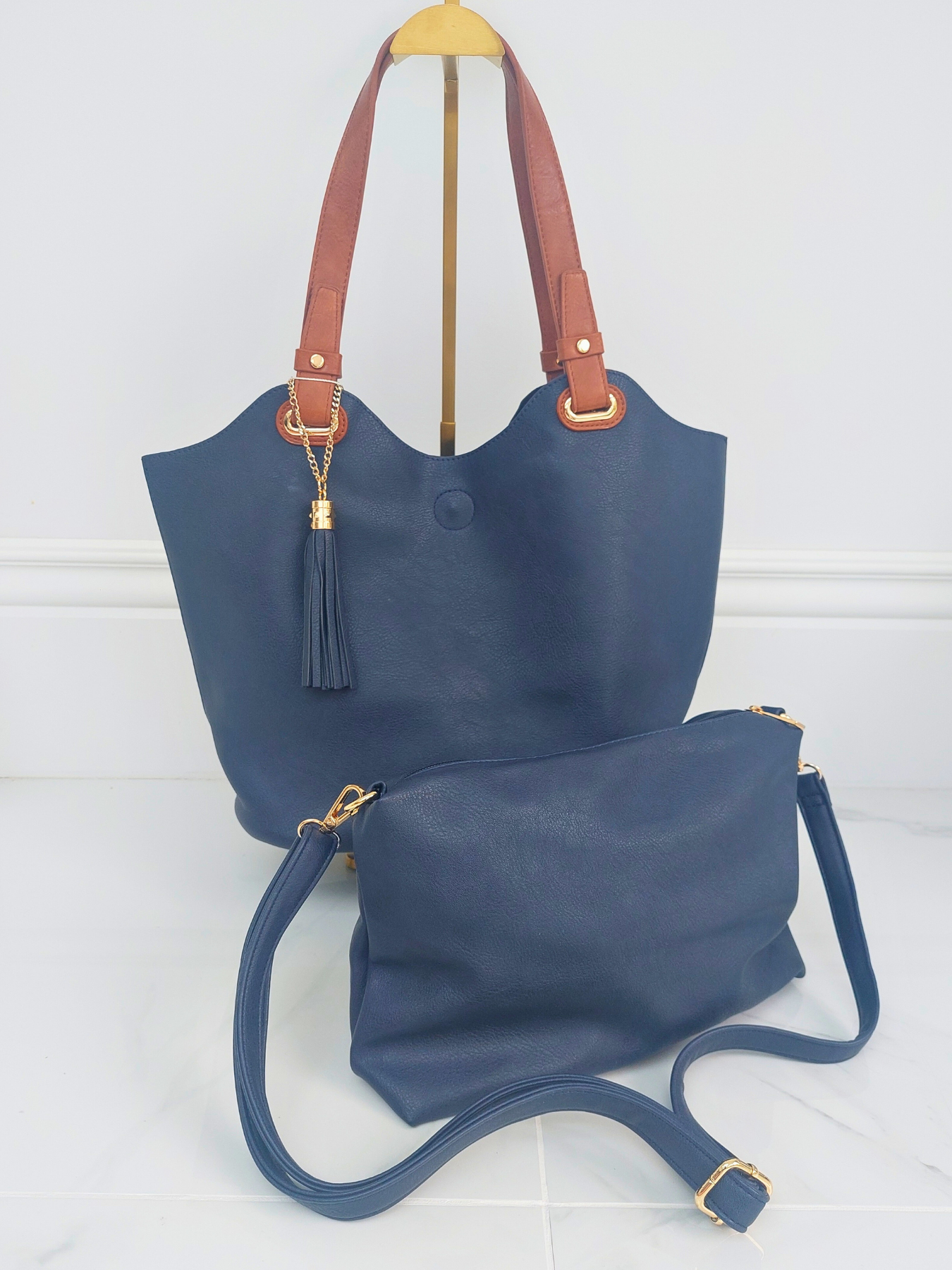 Tote & Crossbody Bag Set In Navy Blue