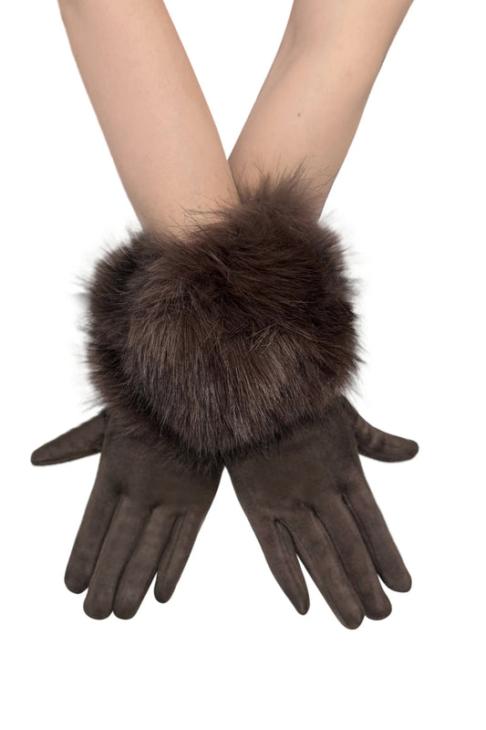 Faux Fur Suede Gloves In Brown