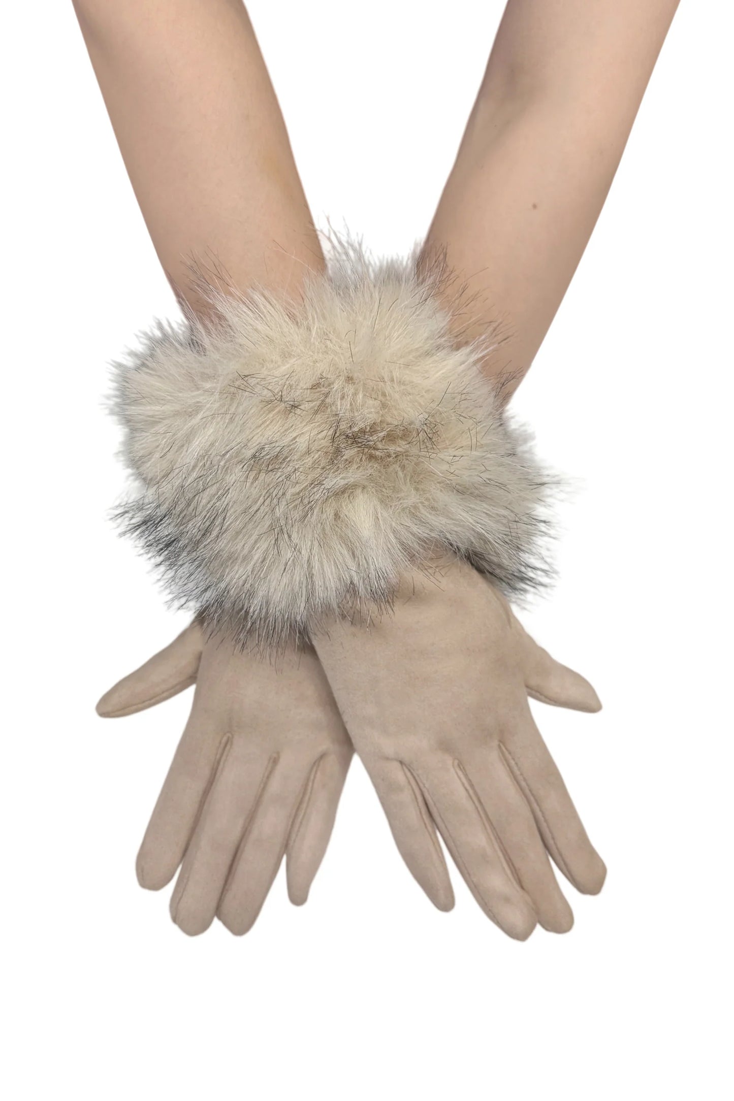 Faux Fur Buckle Scarf & Touchscreen Gloves Gift Set In Beige