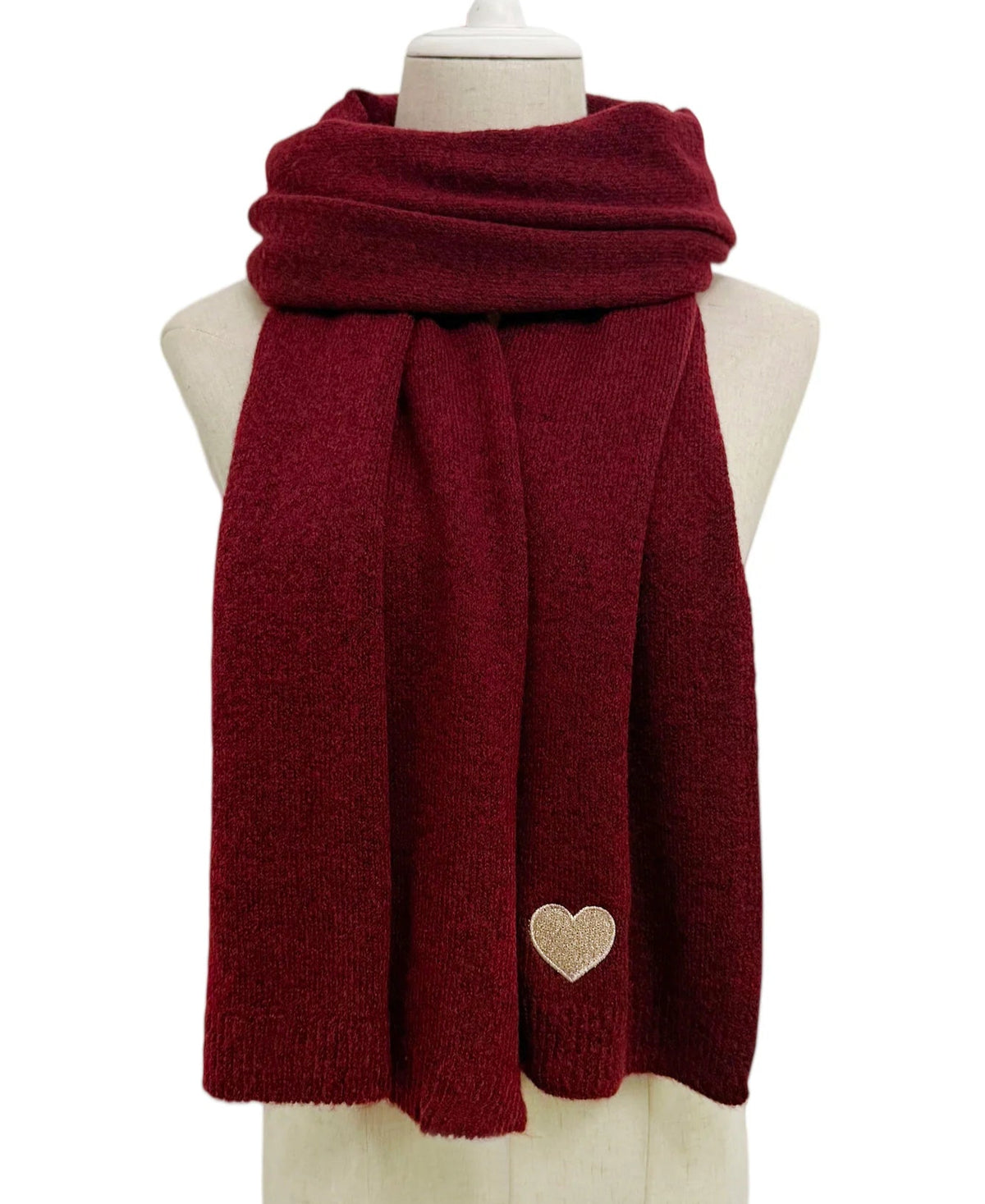 Burgundy wool blend scarf with delicate embroidered gold heart detail at the corner.