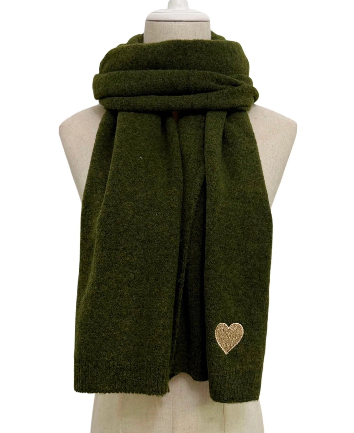 Army green wool blend scarf with delicate embroidered heart detail at the corner