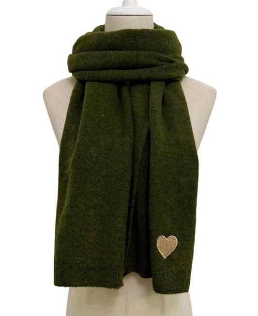 Army green wool blend scarf with delicate embroidered heart detail at the corner