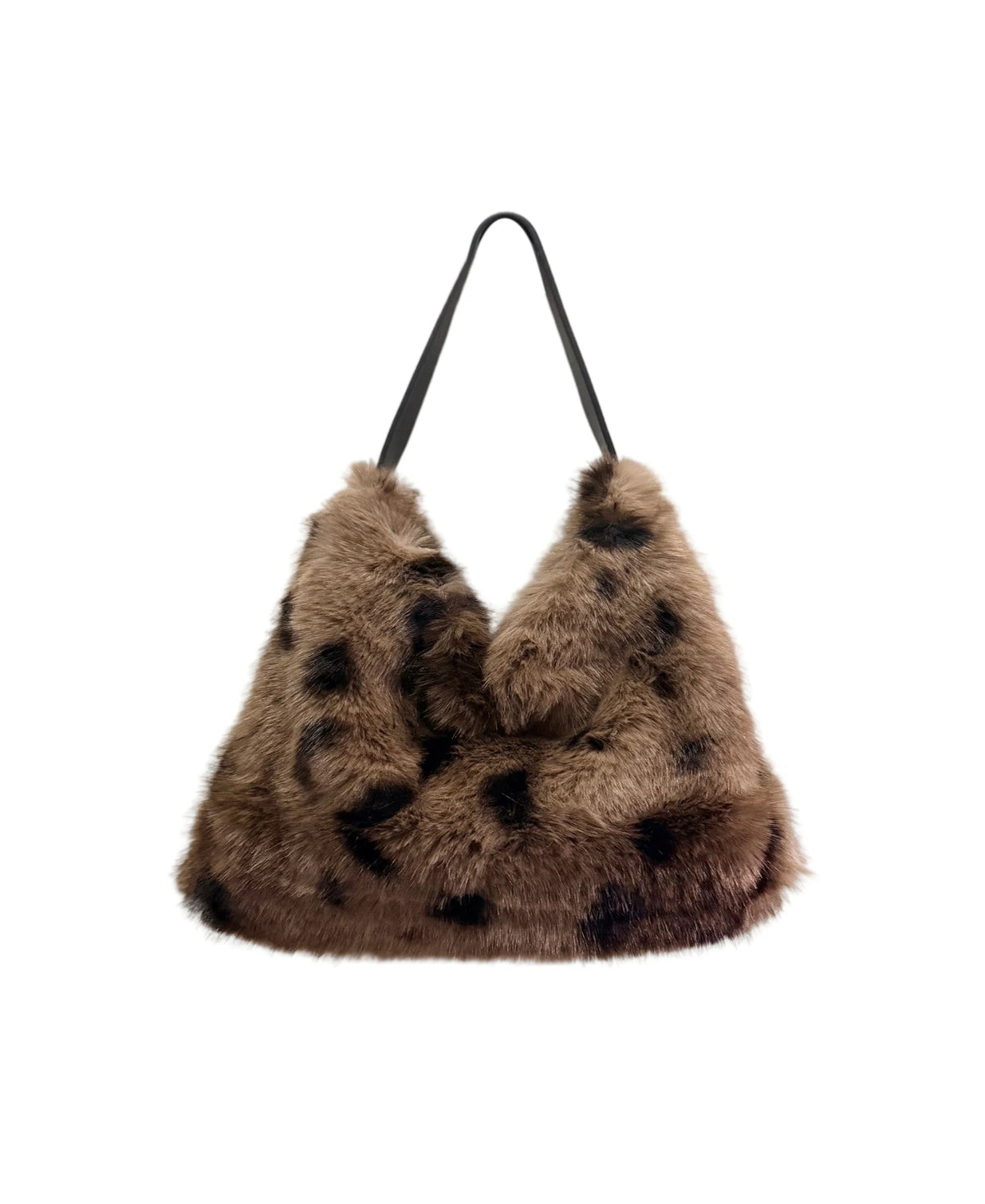 Cream faux fur tote bag with deer print, top handles and magnetic ring fastening.