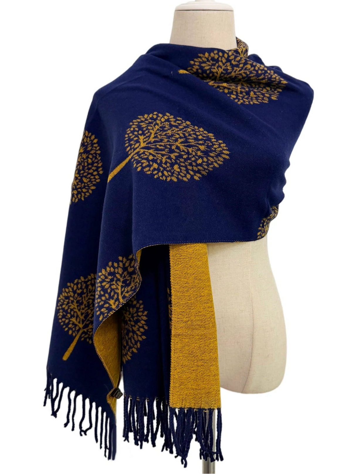 Reversible navy and mustard Tree of Life print scarf with tassel fringe