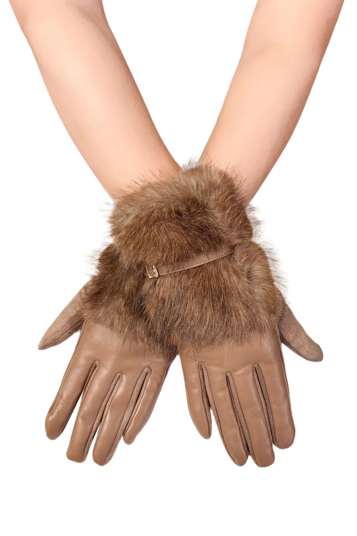 Taupe faux leather gloves with plush faux fur cuffs and buckle detail.
