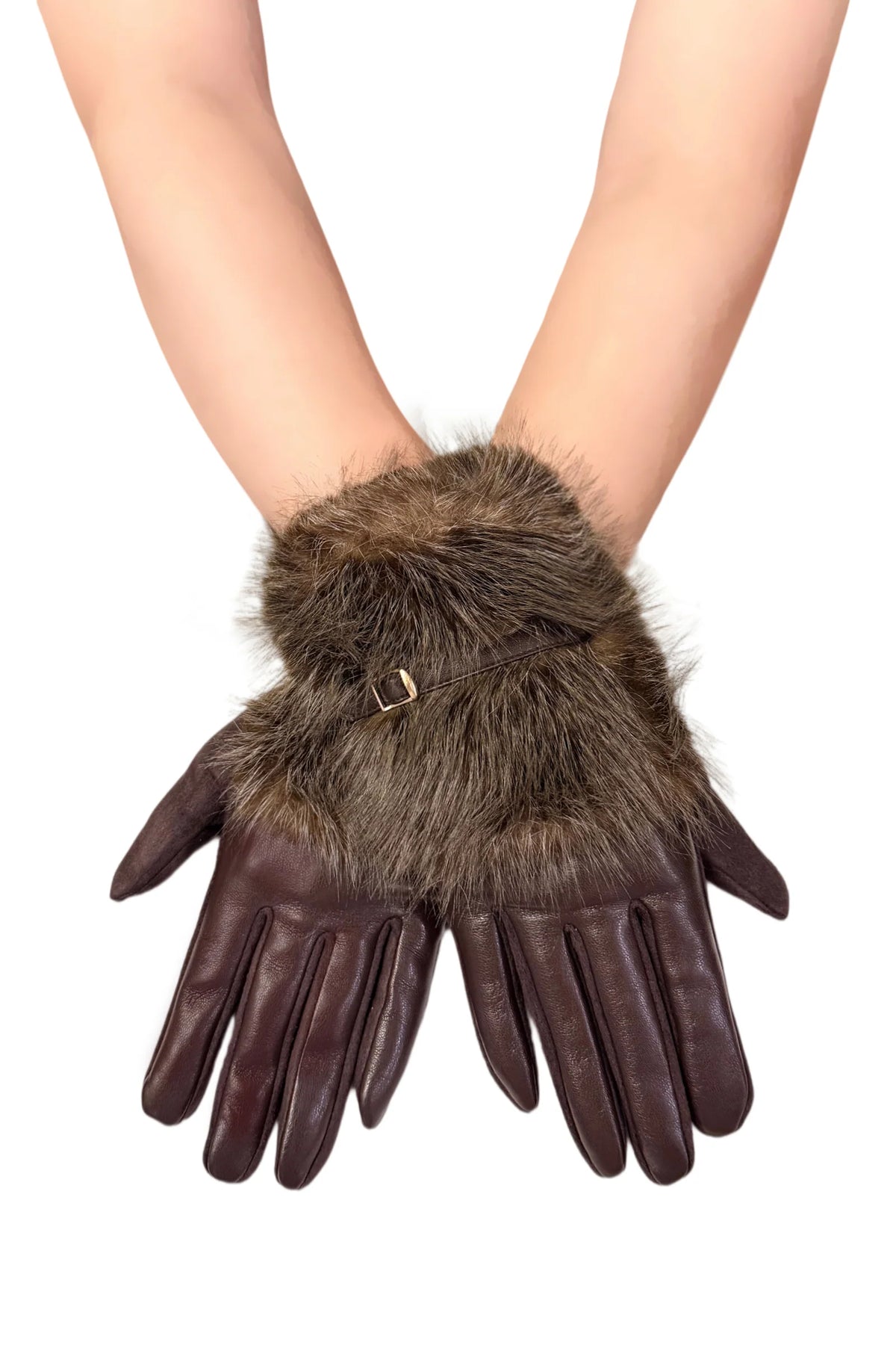 Dark brown faux leather gloves with plush faux fur cuffs and buckle detail.